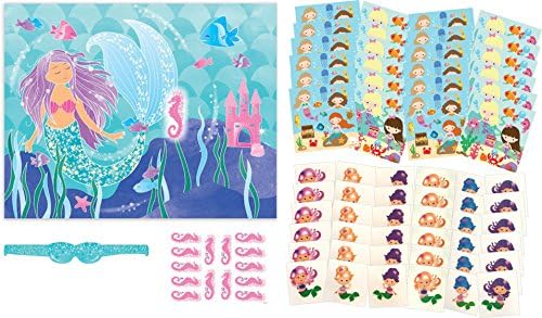 Mermaid Party Favors with Mermaid Game--61 Pc. Mermaid Birthday Party Supplies Bundle includes Mermaid Stickers (24), Mermaid Tattoos (36), & Mermaid Under the Sea "Pin the Tail" style Sea Horse Game