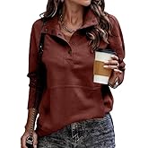 SHEWIN Women's Casual Long Sleeve Stand Neck Sweatshirt Lightweight Button Drawstring Pullover Tops