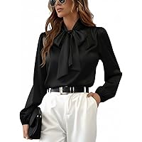 CUPSHE Women's Satin Tops Bow Tie Lantern Long Sleeve Blouses Silk