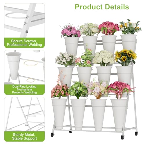 Flower Stand, 3 Tier Flower Display Stand with 12 Buckets, Upgrade Double Circle No Shaking, Outdoor Flower Cart with Wheels for Home, Patio, Garden, Shop, Wedding, Party, Exhibition, Indoor, White (White)