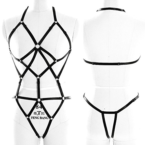 Women Sexy Full Cage Body Harness Lingerie Belt Set Strap Hollow Top Bra Goth Fetish Wear (Black N0095)