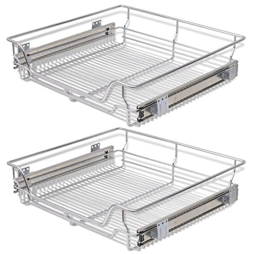 Festnight Pack of 2 Pull-Out Wire Storage Baskets Rack Sliding Steel Cabinet Slides Under Shelves Sliding Organizer for Kitchen Pantry Bathroom Cupboard (23.6