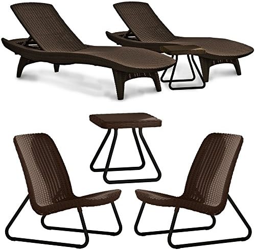 Keter Pacific Outdoor Woven Lounger and Side Table Set Brown with Keter Rio Conversation 2 Chair &amp; Side Table Set All Weather Heavy Duty Outdoor Furniture Bundle