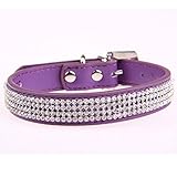 DKX Bling Rhinestone Christmas Carnival Ornament Pet Dog Cat Collar Fanshion PU Leather Crystal Diamond Adjustable Harness S M L--Purple M