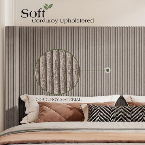 Jocisland King Size Upholstered Platform Bed Frame, 50.8" Corduroy Bed Frame with Wingback Headboard Vertical Tufted, Solid Wood Legs, No Box Spring Needed, Taupe
