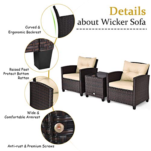 Tangkula 3 Pieces Patio Furniture Set, PE Rattan Wicker 3 Pcs Outdoor