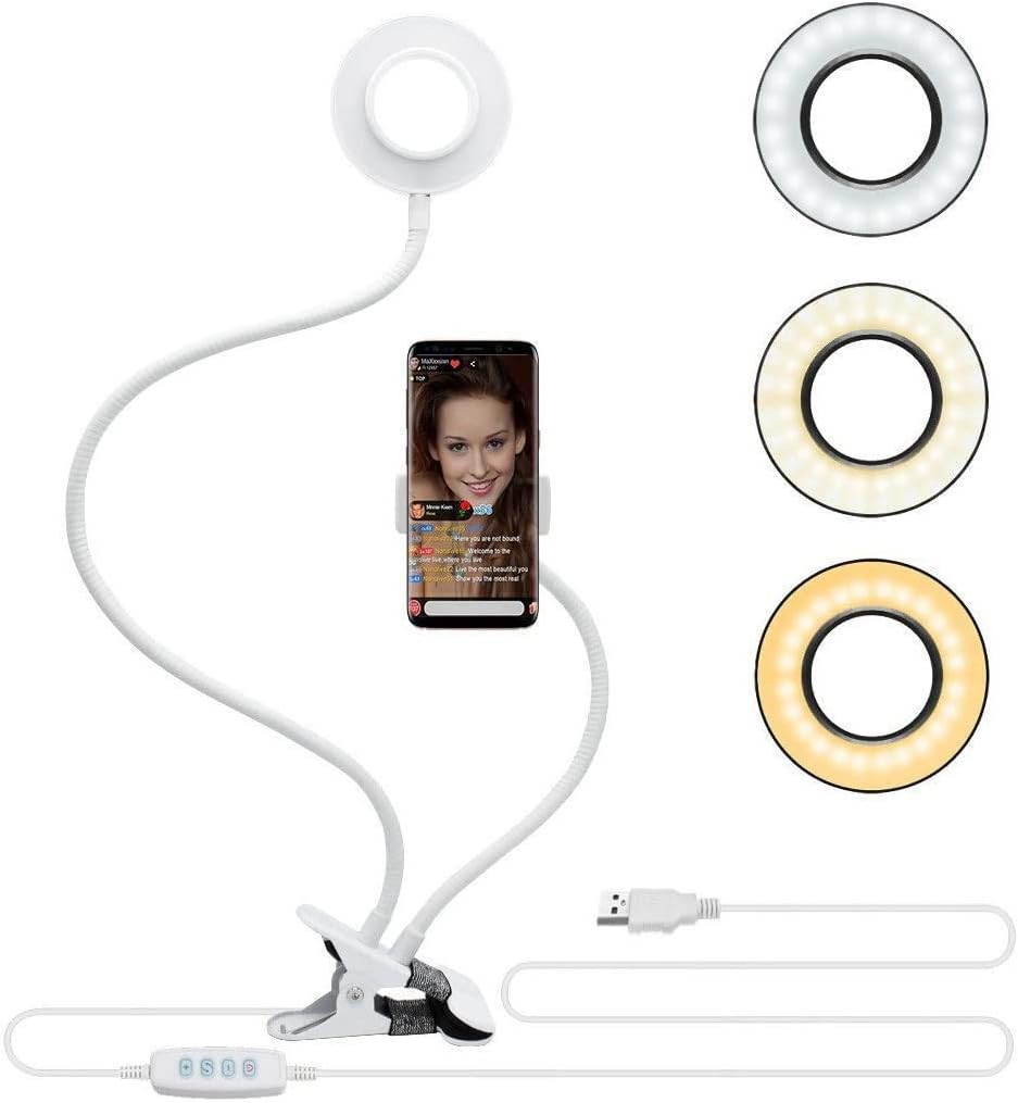 Velouer Selfie Ring Light with Cell Phone Holder Stand for Live Stream/Makeup, LED Camera Lighting [3-Light Mode] with Flexible Arms Compatible with iPhone 8 7 6 Plus X Android (White)
