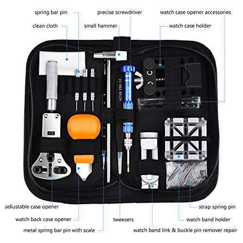 ETEPON Professional Watch Repair Kit Tool Watchmaker Case Back Opener Watch Band Buckle Remove with Scaled Spring Bar Pin Tweezers Screwdriver Case Band Holder Removal ET015