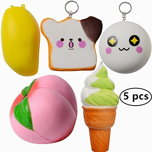 XADP 5PCS Jumbo Slow Rising Squishy Peach Mango Bread Ice Cream Panda Charms Stress Relief Soft Toy