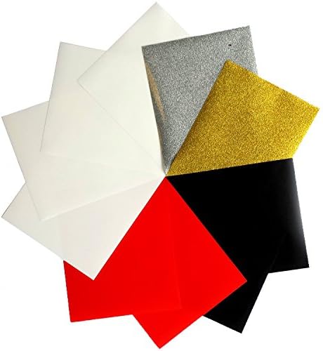 Iron On Vinyl ~ Best Selling Colors (10 sheets, 12" x 10") ~ Heat Press Transfer Vinyls for Cricut Silhouette Cameo ~ Great Starter Bundle (White, Black, Red, Glitter Gold, Glitter Silver)