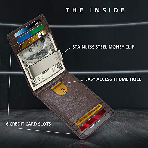 Slim Bifold Wallets For Men - Money Clip Wallet RFID Front Pocket Leather Thin Minimalist Mens Wallet Credit Card Holder Brown