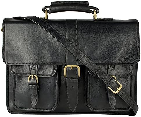 Hidesign Castello Briefcase Bag Top grain Leather Messenger Laptop Shoulder Men Business Handbag Vintage Mens Satchel Cross body Attache Case Genuine New Travel (BLACK)