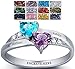 PaulaMax Jewelry Sterling Silver Promise Rings For Her, Birthstone Ring for Women, 2 Heart Birthstones 2 Names Engraved Custom Personalized Sizes 5-12