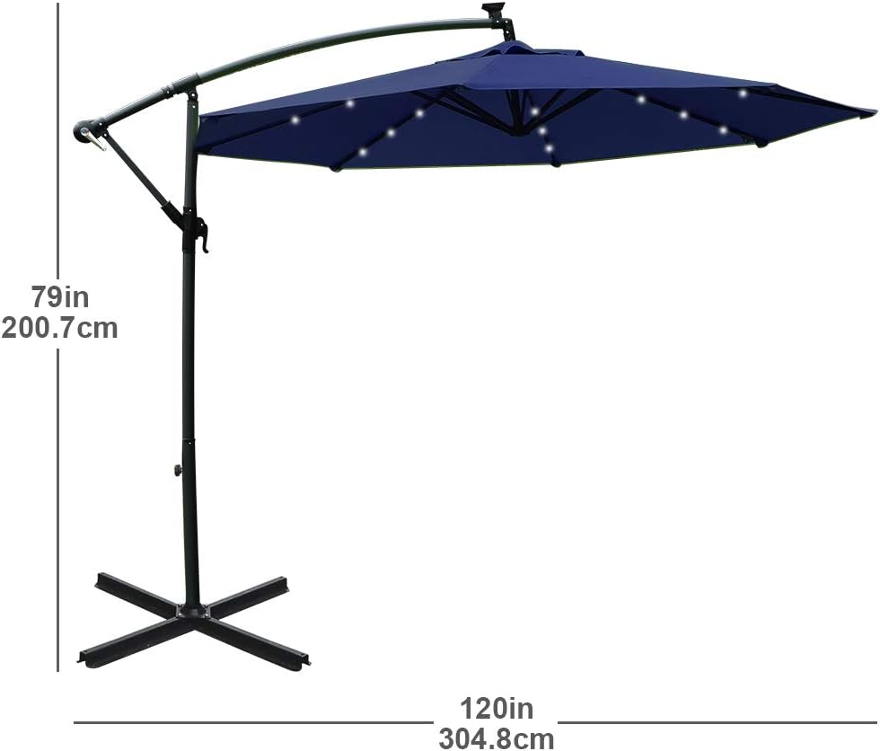 Amazon Com Mefo Garden 10ft Solar Patio Outdoor Umbrella Offset Cantilever Hanging Umbrella 360 Degree Rotation With 24 Led Lights And Heavy Duty Steel Cross Base Navy Blue Garden Outdoor