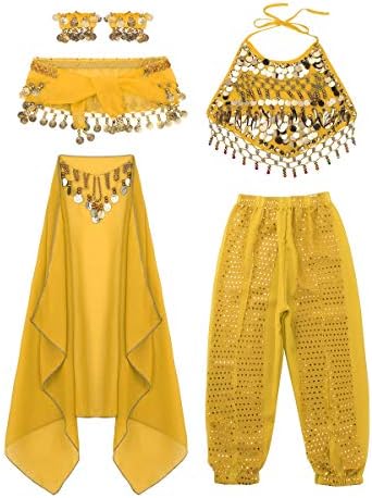 JEATHA Kids Girls Arabian Sequins Halter Top Belly Dance Halloween Cosplay Costumes with Harem Pants Veil Bracelet Set