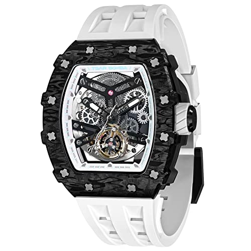 TSAR BOMBA Watch for Men, 50M Waterproof Automatic Mens Watch, Skeleton Mechanical Tonneau Big Face Dial Black Watch with Silicone Watch Bands, Gifts for Men
