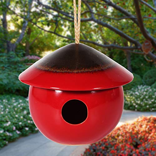 Tenforie Ceramic Birdhouses Bird Hut Hanging Hummingbird Nest for Outdoor -Red