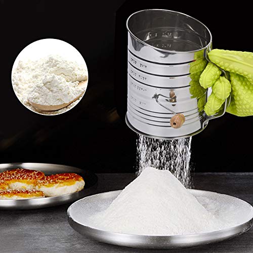 Tenrry Stainless Steel Flour Sifter Hand Crank Double-Layer Hand-Pressed Flour Sieve Baking Tool