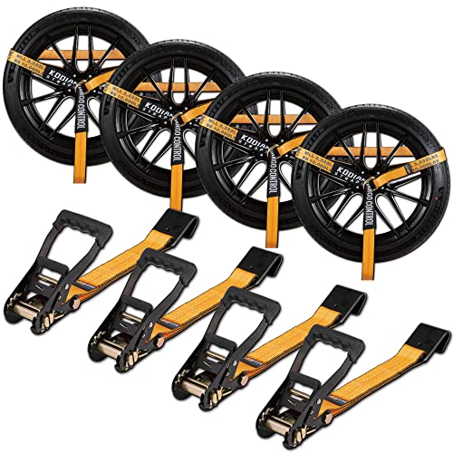Correa de trinquete para neumáticos de Coche (4 Unidades) con Gancho Plano para remolques, 2 Pulgadas x 12 pies, Resistente a Cortes y desgarros, Correas Kodiak de Carga de Trabajo de 3300 Libras