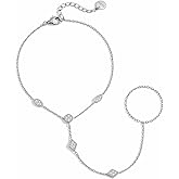 Mchic Hand Chain Tennis Bracelets for Women Trendy: Dainty Diamond Beaded Bracelet 14K Gold Plated/Silver Finger Ring Bracelet Hand Chain Jewelry Adjustable Sparkly Prom Bracelets