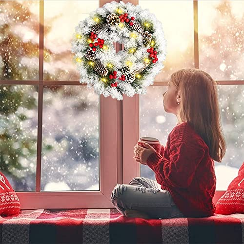 16 Inch Christmas Wreath, Lighted Christmas Wreath for Front Door with 40 Warm Lights Battery Operated, Snowflake White Christmas Wreath with Pine Cone Red Berry for Xmas Decorations Indoor Outdoor