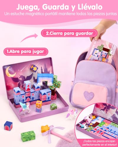 hahaland Construcciones Magneticas de Viaje, Unicornio Cubos Magneticos | 50 Piezas Magneticas Niños con 2 Unicornio, Juego Imanes Creativo, Bloques Magneticos Construccion para Niños 3 4 5 6 años
