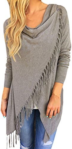 MINSNOWLER Womens Long Sleeve Sweatshirts Tassel Hem Sweater Solid Coat Outwear grey xl