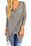 MINSNOWLER Womens Long Sleeve Sweatshirts Tassel Hem Sweater Solid Coat Outwear grey xl