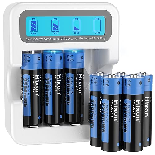 Lithium AA Batterien, Wiederaufladbare 1,5V AA Lithium Akku, 3500mWh und 1600 Lange Zyklen, 8 Stück Lithium 1,5V Double A Akku mit Weißem Schnelles Aufladen LCD-Display Ladegerät