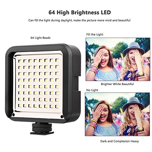LED Camera Video Light, 64pcs Bulbs 6000-6500K Dimmable On Camera Video light for DSLR Camera Canon,Nikon,Sony,Panasonic,Olympus,Fuji etc. and other Camera Camcorders