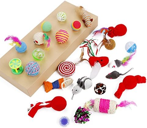 26 Pieces Feather Cat Toy Set for Cats and Kittens, Pet Cat Toys with 13pcs Ball Toys, 4pcs Teaser Mice, Bells, Fish and other Play Toys for Training Exercising and Ative Play