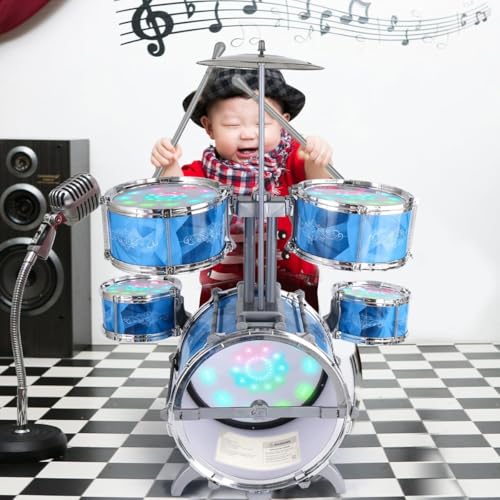 Upgraded Kids Drum Set for Toddlers 3+, Kids Jazz Drum Ages 3-5, Star Light up Musical Instrument Toys for Boys Girls 3-6 5-7 ( All Plastic)