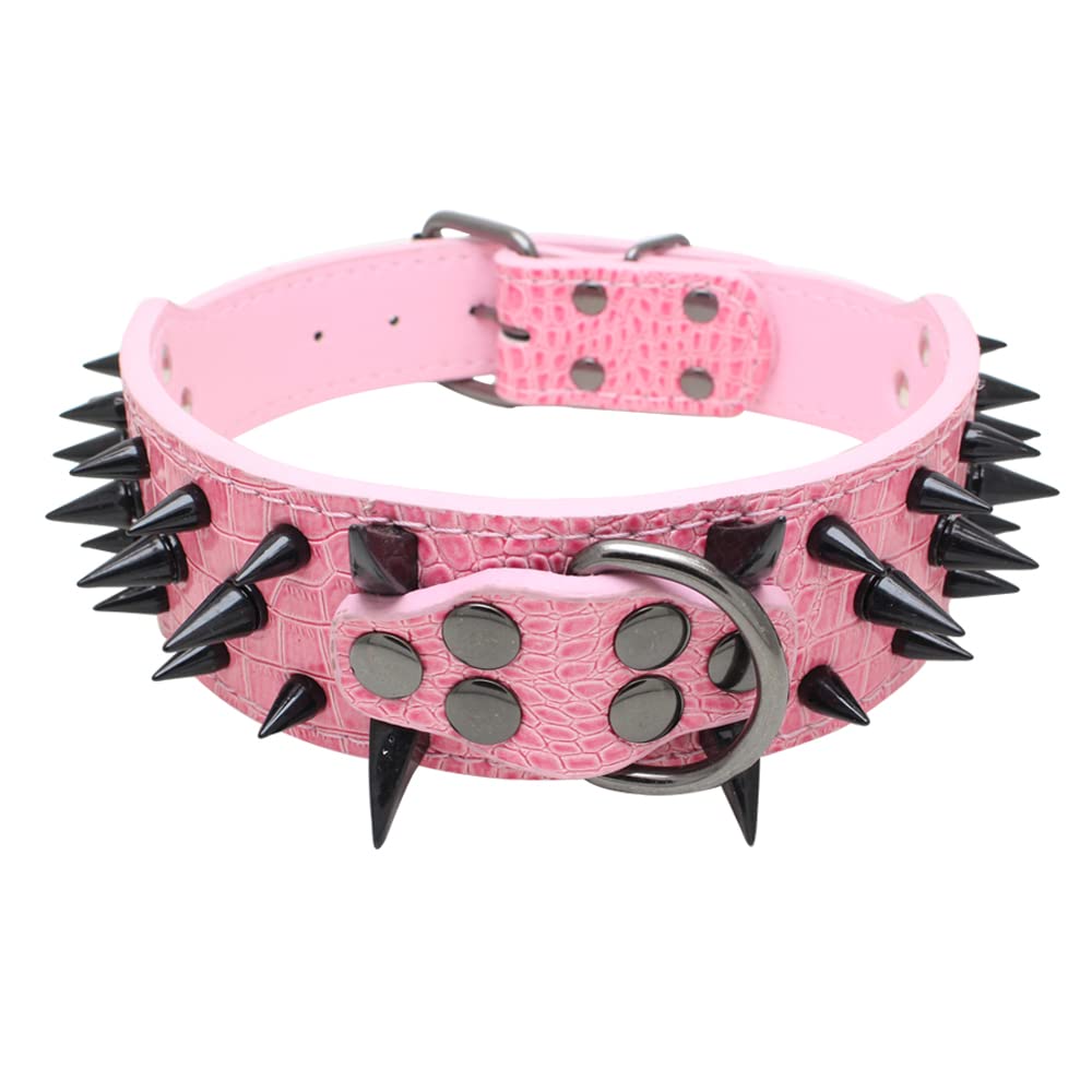 haoyueer Sharp Spiked Studded Dog Collar 2 Inch Width Stylish Leather Dog Collars for Medium & Large Dogs Pitbull,Labrador,Boxer Rottweiler German Shepherd … (M, Pink-1)