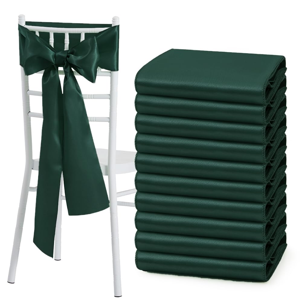 Counfeisly 10 Pcs Blackish Green Satin Chair Sashes Bows Universal Chair Cover for Wedding Reception Events Banquets Party, Hotel Event Decorations, 6 x 108 inch