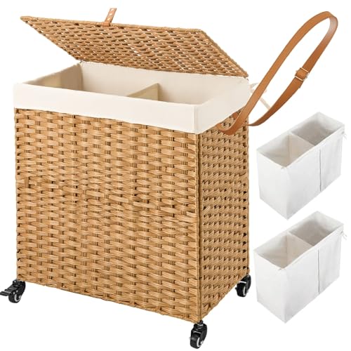 Greenstell Laundry Hamper with Wheels, No Install Needed, 110L Divided Handwoven Hampers & 2 Removable Liner Bags, Synthetic Rattan Clothes Laundry Basket with Lid & Handles, Foldable Hampers Natural Image
