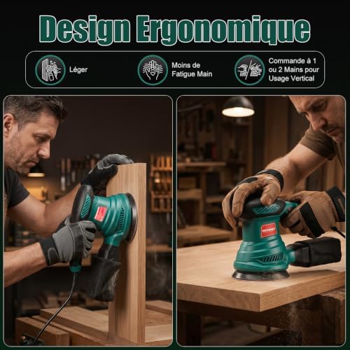 HYCHIKA Ponceuse Excentrique, 6 Vitesses Variables 300W 13000RPM Ponceuse Orbitale, 12Pcs Disque Abrasif 125mm, Ponceuse Bois avec Collecte de Poussière pour le Polissage du Ponçage du Bois