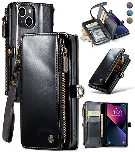 Defencase Compatible with iPhone 13 Case Wallet with Card Holder for Women and Men, PU Leather Magnetic Snap Flip Zipper Strap Wallet Phone Case Fit for iPhone 13 6.1", Luxury Black