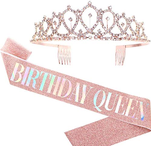 RosewineCRosewineC Birthday Sash Rhinestone Birthday Crown Women Girls Birthday Tiara,Birthday Gifts for Women Birthday Party Supplies( Birthday Queen)