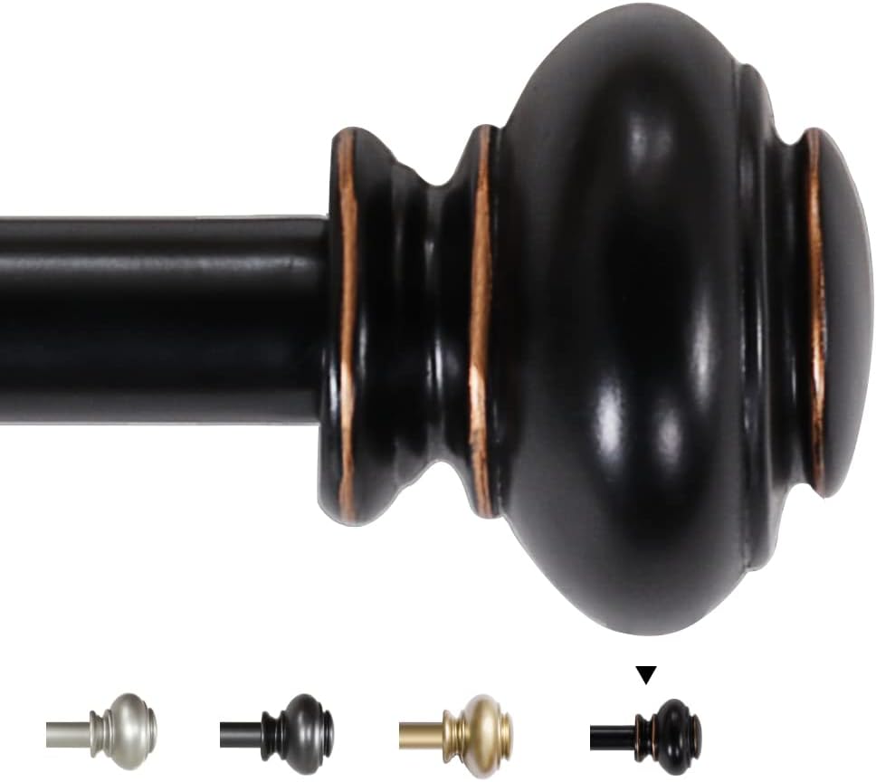 Window Treatment Hardware - H.VERSAILTEX Single Window Curtain Rods for Windows 28 to 48 Inches Adjustable Decorative 3/4 Inch Diameter with Classic Finials, Black with Antique Bronze Finishing