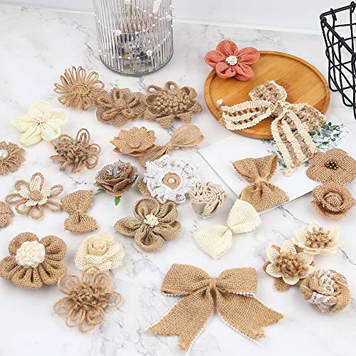 VGOODALL 32 Natürliche Sackleinen Blumen Set, 32 Handgefertigte Jute-Blumen für DIY Kunst Handwerk Hochzeit Dekoration