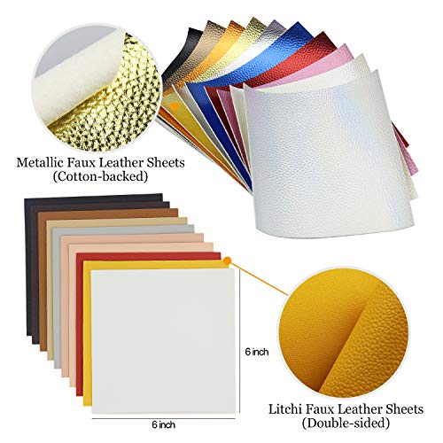 10pcs Metallic Faux Leather Sheets + 10pcs Double Sided Litchi Synthetic Leather Fabric Sheets(6”x 6”) with 140pcs Earring Hooks, 140pcs Jump Rings, Pliers and Cut Molds for Earring Making Crafts