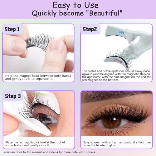 Magnetic Eyelashes with Applicator – 3 Pairs Reusable Magnetic Lashes Natural Look, Wispy Strip & 3/4 Half False Eyelashes Kit, No Glue Needed, 4 Magnet Upgrade,Elegant Black Lash Box with Mirror