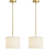 Electro bp;9" Dia White Linen Drum Shade Hanging Pendant Light Fixture with Polished Gold Pole Kit,E26,Hardwired,2-Pack;