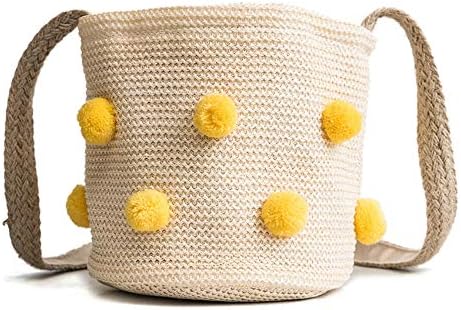 TYUJYT Shoulder Bags Bohemian Ball Women Crossbody Bag Woven Straw Bag Summer Pompom Knitting Beach Bucket Bags Casual Small Shoulder Bag