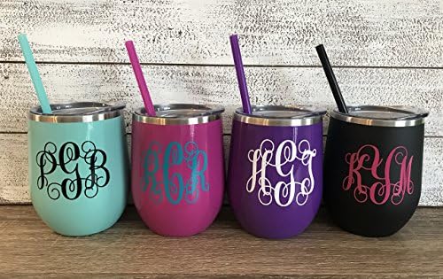 Personalized 12 oz Stainless Steel Wine Tumbler with Custom Vinyl Decal - Includes Straw and Lid - Bridesmaid, Bachelorette, Bridal Party Gifts