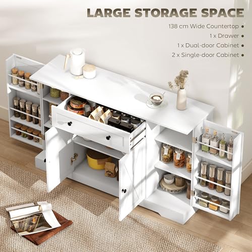 HOMCOM Farmhouse Sideboard Buffet Cabinet with Storage, 54" Coffee Bar Cabinet with 6 Door Shelves, Drawer, Adjustable Shelves and 4 Barn Doors, White