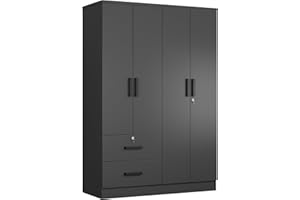 WOODPECKERS FURNITURE AND MATTRESS 4 Doors Wardrobe 2 Drawers with Shelves 48 inch Wide and 72 high (Black)