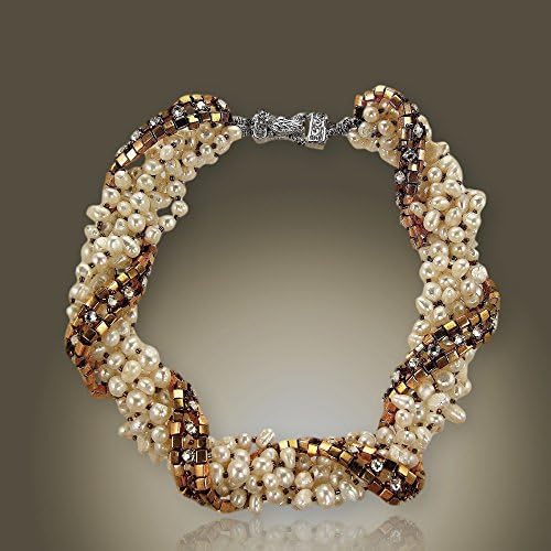 Freshwater Pearl Necklace- Antique Gold Beads and Crystals and Pearls Necklace- 18 inches Classy Necklace