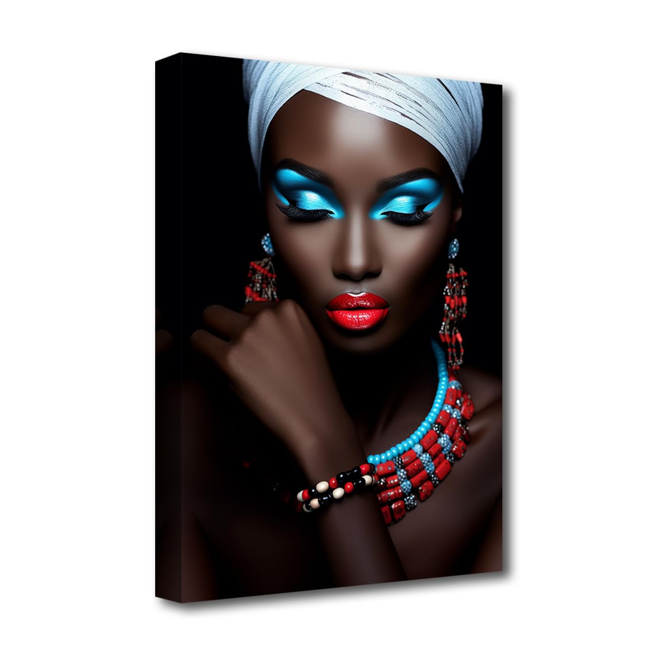 LZIMU African American Canvas Wall Art Black Woman Face Picture Colored Earrings Necklace Girl Painting Prints Fashion Charm Girl Picture Framed (Women-4, 12"x18" (30.00 x 45.00 cms))