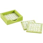 Caspari Trellis Square Lacquer Coasters with Holder, Green – Luxury Decorative Drink Coasters, Handmade, Set of 4 (4" Square)